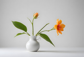 White Vase with Green Leaves and White Flowers on Gray Background