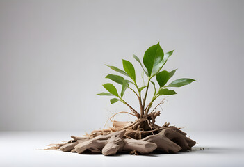 White Vase with Green Leaves and White Flowers on Gray Background