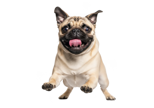 Excited running pug dog puppy with tongue out - adorable pet animal friend - cute canine breed - isolated on transparent background - Powered by Adobe