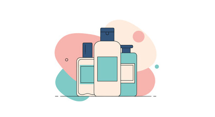 Illustration of three assorted cosmetic bottles with blue caps and light blue labels on a white background with soft pink and teal abstract shapes.