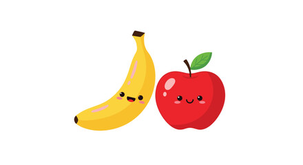 A cute cartoon banana and a red apple with smiling faces stand side by side.