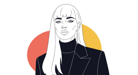 Stylized line drawing of a woman with long blonde hair wearing a black turtleneck and blazer against a colorful background.