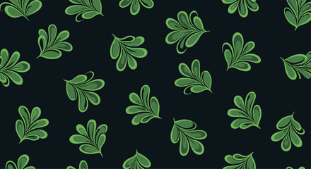 Seamless pattern of stylized green leaves on a dark blue background.