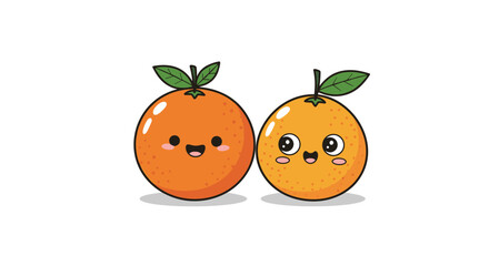 Two cute cartoon oranges with happy faces and leaves smiling together on a white background.
