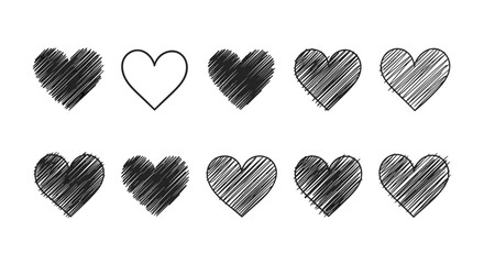Collection of ten hand drawn heart icons with different shading styles on a white background.