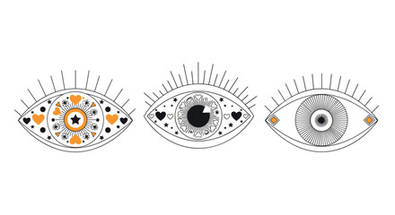 Three stylized eyes with decorative elements like hearts and stars against a white background.