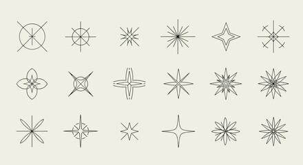 Collection of abstract geometric line art starburst and radial patterns.