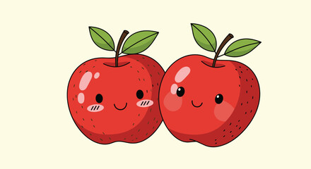 Two cute anthropomorphic red apples with smiling faces and rosy cheeks stand side by side.
