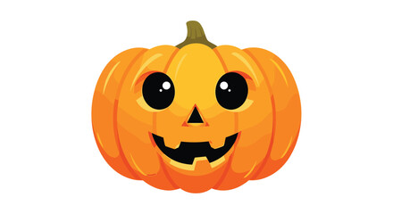 Cute orange Halloween pumpkin with a carved happy face, round black eyes, and a stem.