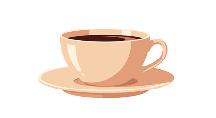A beige cup of dark coffee sits on a matching saucer on a white background.