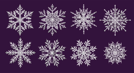 Eight intricate white snowflakes arranged in two rows on a dark purple background.