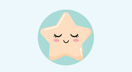 Cute cartoon star with closed eyes and a smiling mouth in a light blue circle.