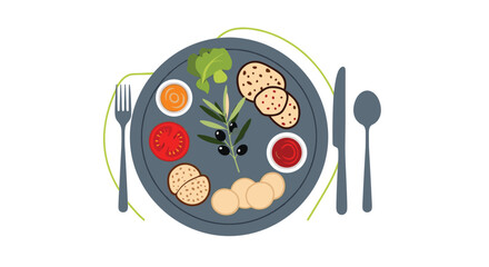 A top view of a plate with crackers, olives, tomato, and dipping sauces, served with cutlery.