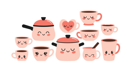 Cute kawaii cooking pots and coffee cups with happy faces in pastel pink.