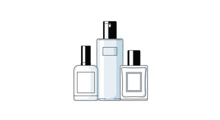 Three minimalist perfume bottles with black caps and white labels stand on a white background.