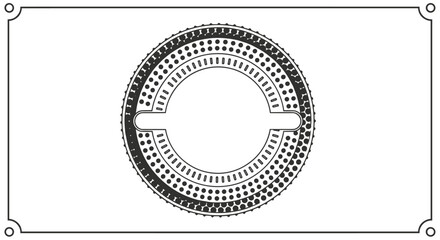 Concentric circular design with dot patterns and geometric elements on a white background.