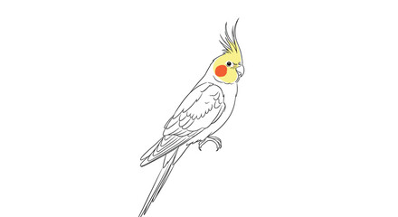 Simple outline drawing of a cute cockatiel with yellow crest and orange cheeks on a white background.