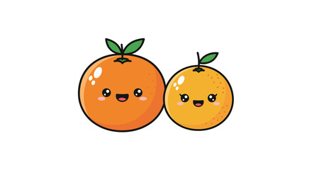 Cute cartoon oranges with happy faces and green leaves on a white background.