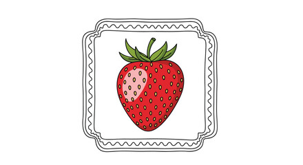 Hand drawn illustration of a ripe strawberry inside a decorative frame on a white background.