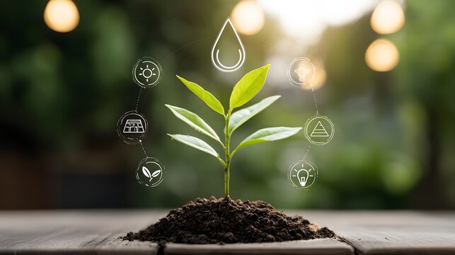 Young plant seedling growing in soil surrounded by glowing digital icons representing essential elements for cultivation