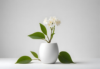 White Vase with Green Leaves and White Flowers on Gray Background