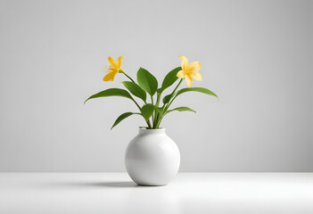 White Vase with Green Leaves and White Flowers on Gray Background