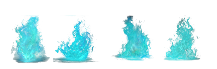 Four blue fire flames isolated on transparent background