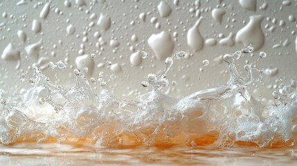 A splash of clear liquid creates a dynamic display of water droplets on a surface