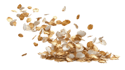 scattered muesli and cereal flakes floating in air healthy breakfast mix granola oats nuts seeds isolated on white background