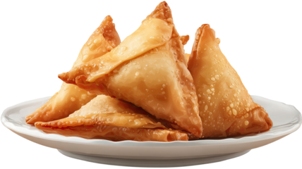 samosa in plate crispy fried snack golden pastry stuffed with spicy filling traditional food isolated on white background