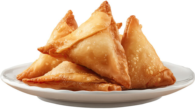 samosa in plate crispy fried snack golden pastry stuffed with spicy filling traditional food isolated on white background