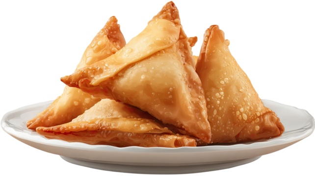 samosa in plate crispy fried snack golden pastry stuffed with spicy filling traditional food isolated on white background