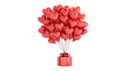 red heart balloons lifting gift box romantic love celebration concept floating present tied with ribbon isolated on white background