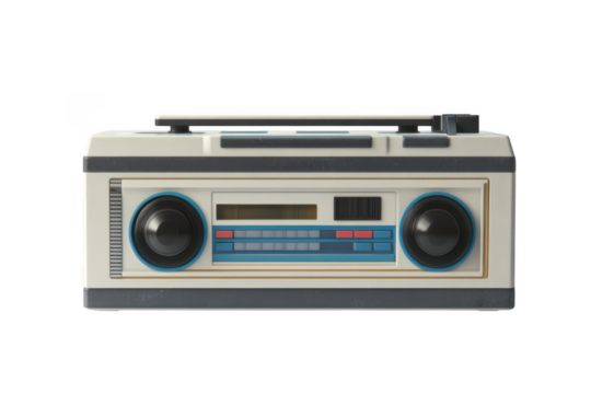 Vintage retro boombox radio cassette player audio music device sound system receiver isolated on transparent background