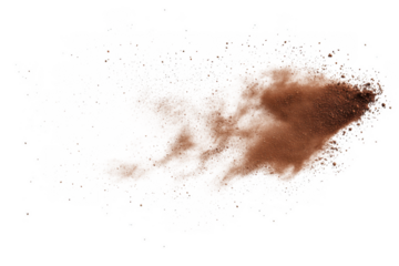 Dust cloud explosion effect, brown powder blast, sandstorm, smoke plume, particle scatter, isolated on transparent background