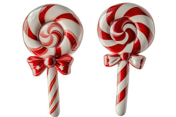 Two festive red and white striped lollipops with bows, holiday candy treats, christmas decorations, sweet confections isolated on transparent background