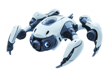 Detailed 3d render of a white and black futuristic robot spider drone with advanced optics, isolated on transparent background