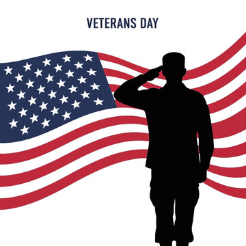 Veterans Day Salute American Flag, Silhouette of Soldier Honoring Service