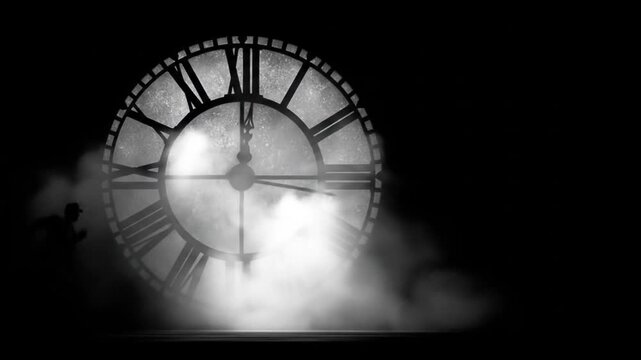 Close up of a vintage clock face in front of a dark backdrop with moving fog effects