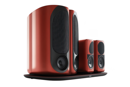 Premium red speaker system audio equipment sound system home theater speakers music isolated on transparent background - Powered by Adobe