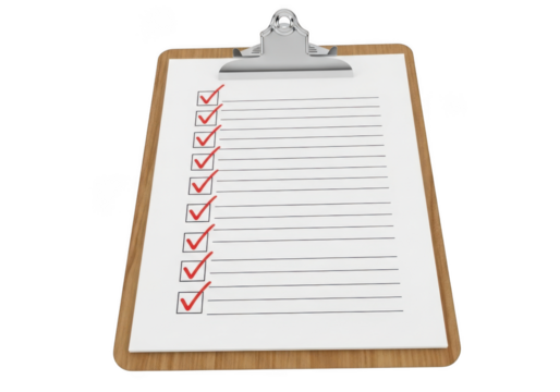 Checklist clipboard with red check marks and lines for task management and planning, business and organization, isolated on transparent background