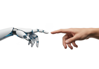 Robot hand touching human hand png, ai connection concept, artificial intelligence, technology, future, science, innovation, automation, isolated on transparent background