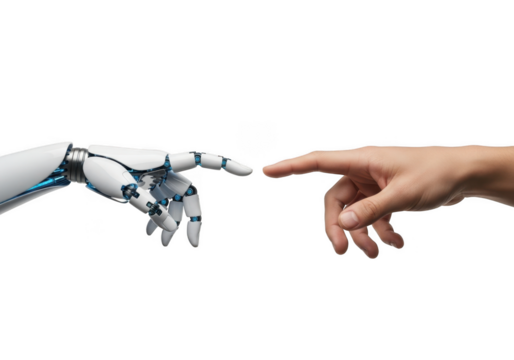 Robot hand touching human hand png, ai connection concept, artificial intelligence, technology, future, science, innovation, automation, isolated on transparent background