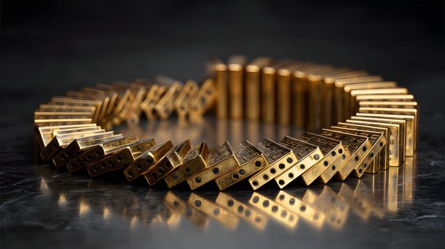 Metallic domino pieces arranged in a continuous curving line on a dark surface - Powered by Adobe