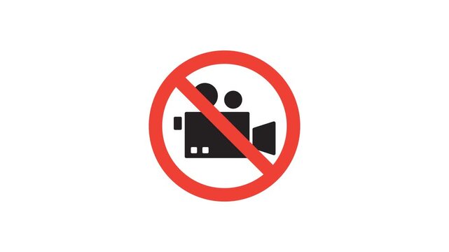4K animation of A bold red prohibition circle overlays a black video camera, signaling no filming. Ideal for privacy, restricted access, and safety contexts in media, events, or public spaces.