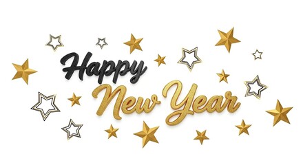 Happy new year text with stars, isolated on white background