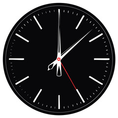 Sleek minimalist analog clock face in black and white with a prominent red second hand