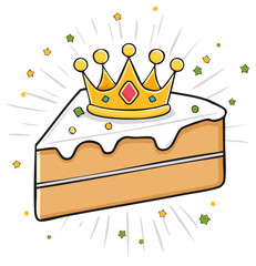Slice of cake with crown and festive confetti celebrating a special occasion