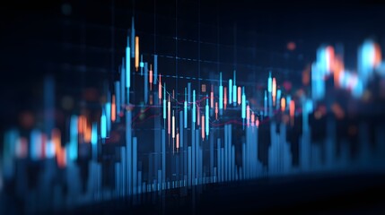 Digital candlestick chart displays fluctuating market data in a dark, futuristic interface