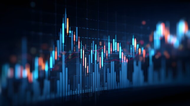 Digital candlestick chart displays fluctuating market data in a dark, futuristic interface